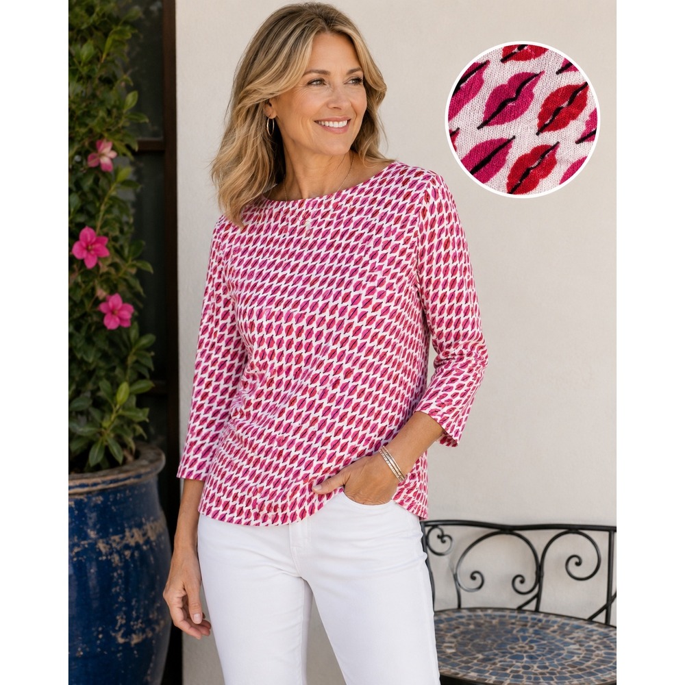 Chico's Pink Lipstick Print 100% Cotton 3/4 Sleeve Boatneck Knit Top Large (2)